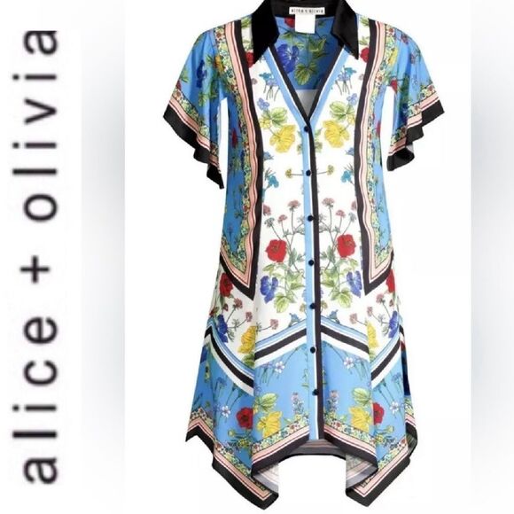 Alice + Olivia Blue Silk Multi Conner Floral Handkerchief Hem dress size small